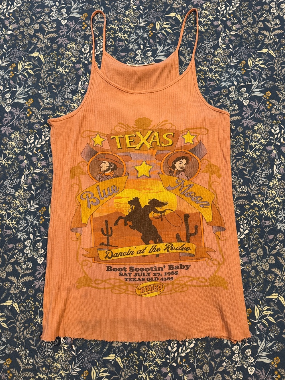 SPELL VINTAGE 🌸 Texas Rodeo Blue Moon Ribbed Peach Cami Tank S - Picture 2 of 5